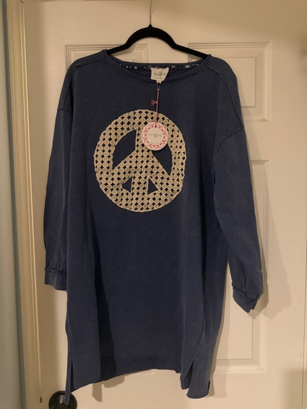 Umgee Navy Pullover with Cream Crochet Peace Motif earthy boho comfy